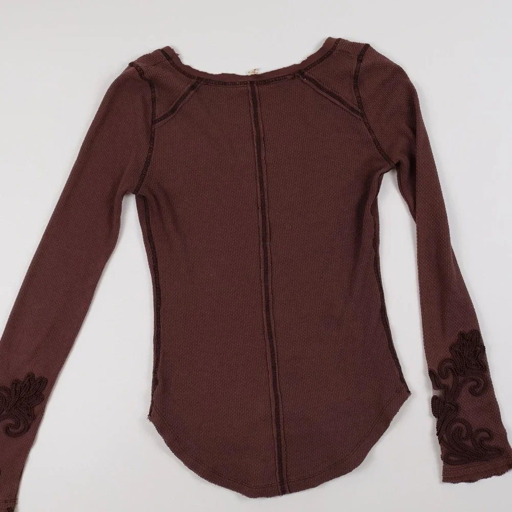 Free People Thermal Top Embroidered Cuff Brown Waffle Knit S Small